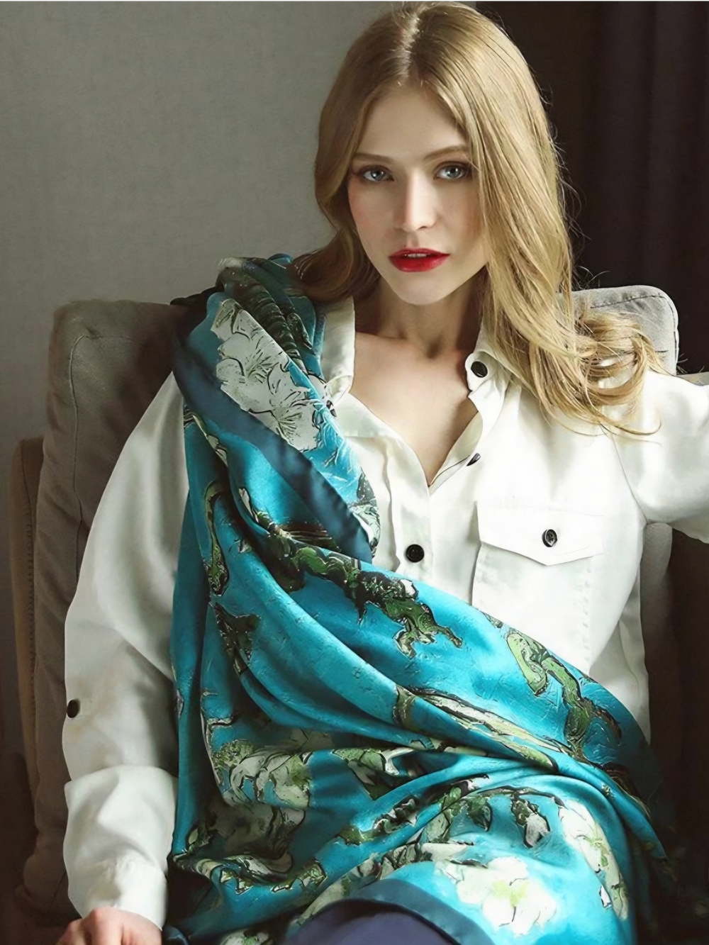 Van Gogh's Almond Blossoms Elegant Teal Floral Satin Scarf